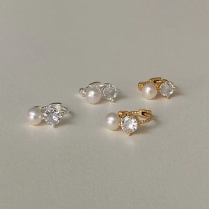 Minimalist 925 sterling silver huggie earrings with pearl and cubic zirconia stones