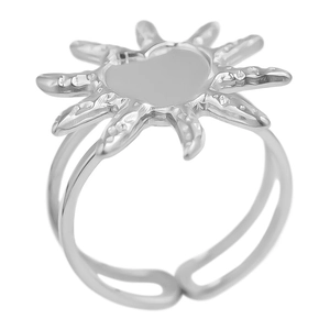 Detailed view of silver heart sunburst ring with adjustable open band and polished finish