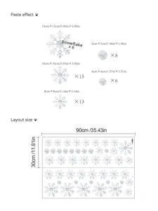 Size chart showing dimensions for white snowflake wall stickers from 4cm up to 15cm