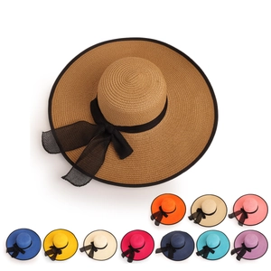 Women Wide Brim Straw Sun Hat With Ribbon Bow Summer Beach Elegant UV Protection Breathable Travel Holiday Headwear