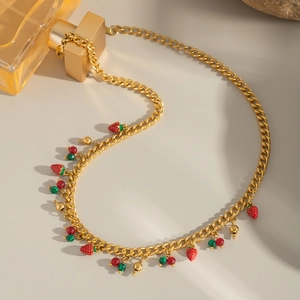 Collana in acciaio inossidabile placcata oro 18K con fragole rosse e perline colorate