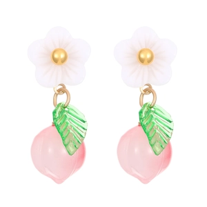Sweet pink peach and white flower drop earrings for women with green leaf accents