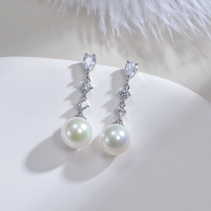 Elegant S925 silver drop earrings with white pearls and sparkling crystal zircons