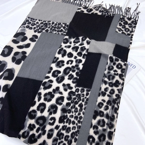 Autumn winter leopard print patchwork scarf with fringes and geometric patterns