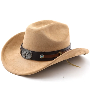 Detail view of camel suede cowboy hat featuring turquoise studs and bull buckle