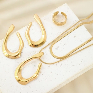 Chic gold-plated geometric jewelry set with flat snake chain necklace, ring and earrings