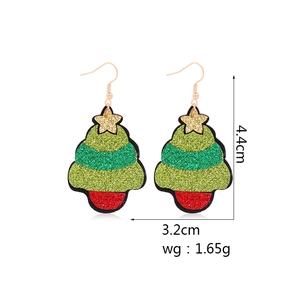 Detailed size view of green sequin Christmas tree earrings measuring 4.4cm by 3.2cm