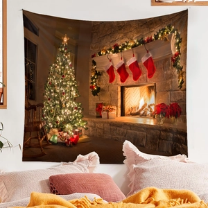 Detail of Christmas tree tapestry showing high-fidelity fireplace and stocking print