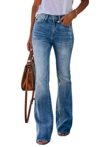 Classic blue flared jeans for women with whisker wash effect and mid-waist stretch denim