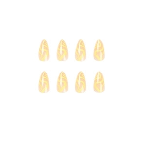 Almond-shaped press-on nails with bright yellow wave patterns on a light beige base