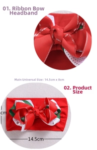 Detail view of red ribbon bow headband showing polka dot patterns and dimensions