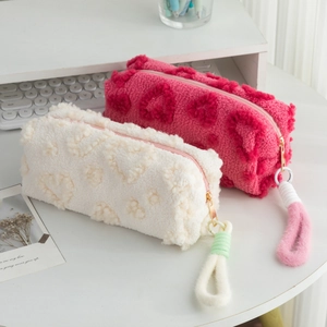 Sherpa fleece heart pattern pencil case with large capacity and golden zipper detail