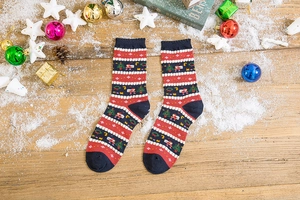 Close-up of Christmas socks featuring festive patterns on warm wooden background