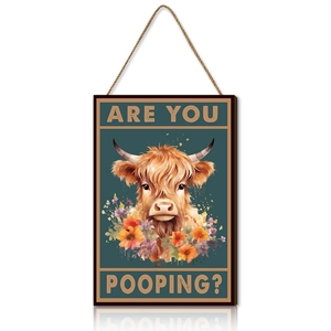 Farmhouse highland cow wooden bathroom sign with colorful flowers and funny text decor