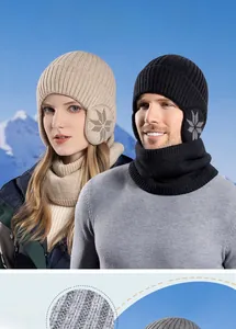 Close-up of winter knit hat with snowflake pattern and thick faux fur fleece lining