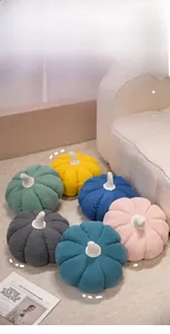Détail de coussins en peluche citrouille en velours côtelé sur un tapis de maison