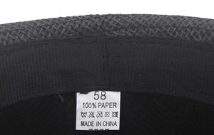 Close-up of black paper straw jazz hat interior with size 58 label and sweatband