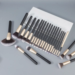 Professional 24pcs black and gold makeup brush set with premium synthetic bristles and PU pouch
