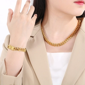 Polished 10mm gold Cuban link chain necklace and bracelet set for men and women