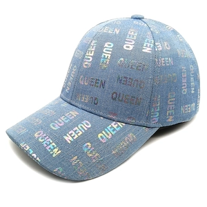 Women's light blue denim baseball cap with holographic QUEEN letter print for sun protection