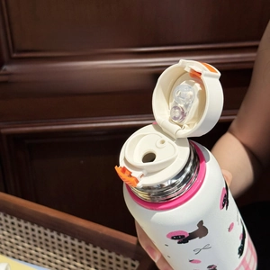Macro view of the 3-in-1 drinking spout design on a cute cartoon stainless steel thermos