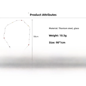 Technical drawing of a 98cm stainless steel necklace with glass beads and specifications