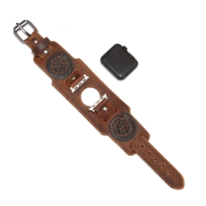 Brown leather Viking compass embossed watch band for Apple Watch on white background