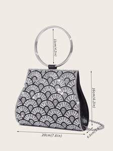 Detailed size specifications for rhinestone clutch bag with silver chain strap and ring handle