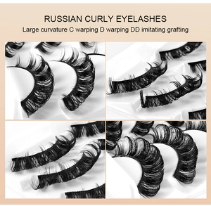 Detail view of Russian curly eyelashes showing C, D, and DD curvature on white tray