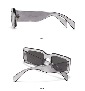 Detail view showing side and back profiles of translucent grey square sunglasses