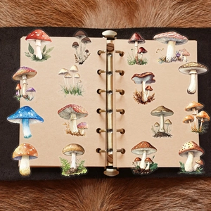 Waterproof transparent mushroom stickers applied on a vintage metal binder notebook