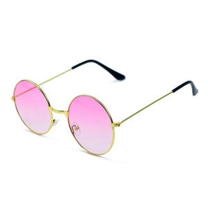 Detail view of round vintage sunglasses with gold metal frame and pink gradient lenses