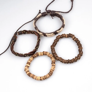 Handmade 4-piece vintage leather and wood bead layered bracelet set for men and women