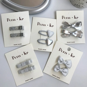Cute Silver Bow Leather Heart Hair Clips For Kids Girls Fashion Sparkly Duckbill Fringe Clips Hair Accessories Set