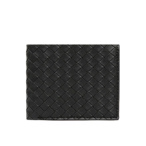 Men's black woven leather bifold wallet with classic intrecciato design and smooth finish