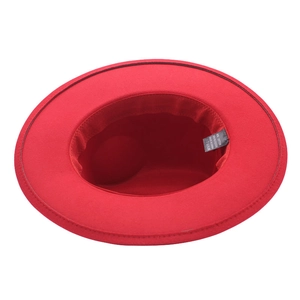 Detail view of red wool fedora interior showing the 65% cotton and 35% polyester material label