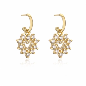 Elegant gold heart earrings with white cubic zirconia pavé and fish hook closure