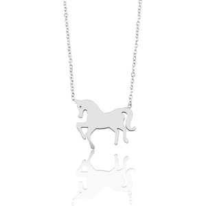 Polished silver stainless steel unicorn necklace pendant with matching link chain