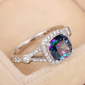 Fashionable S925 sterling silver ring with square colorful topaz and micro-pave zirconia