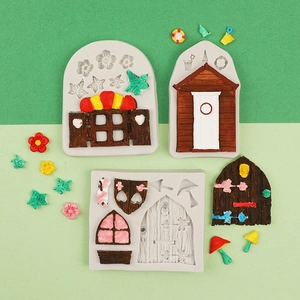 Detailed view of silicone fairy house molds showing wood texture and mushroom patterns