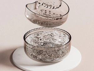 Detail view of transparent brown double-layer orthodontic retainer soaking case with strainer