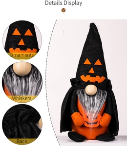 Dettagli dello gnomo di Halloween: barba folta, cuciture posteriori e decori del cappello