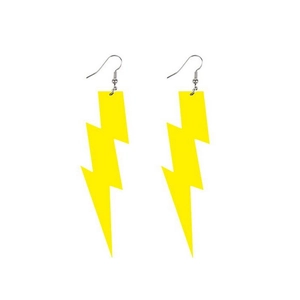 Detail view of large yellow acrylic lightning bolt earrings with metallic hooks on white background