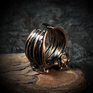 Vintage oxidized bronze open ring with intricate layered filigree and gothic relief details