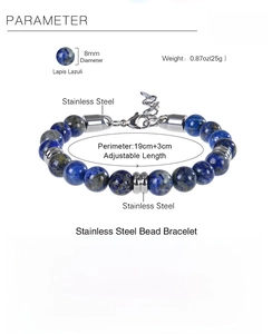 Détail de perles de lapis-lazuli 8mm avec chaîne réglable et fermoir en acier inoxydable