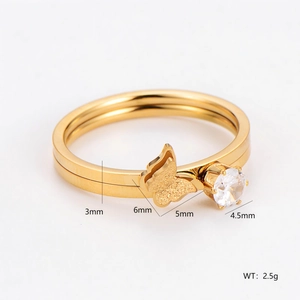 Butterfly Stacking Ring 304 Stainless Steel Cubic Zirconia Double Layer Elegant Fashion Jewelry For Women