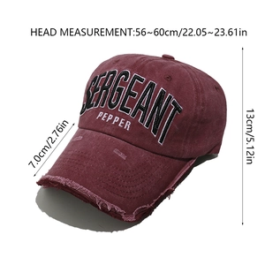 Detailed view of burgundy vintage baseball cap with Sergeant Pepper 3D embroidery and dimensions