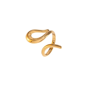 Macro detail of a minimalist gold stainless steel ring with fluid wave design