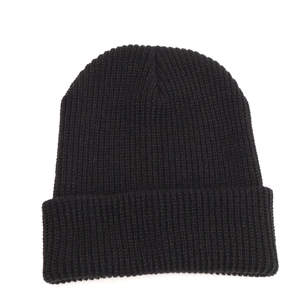 Detailed close-up of black ribbed knit beanie showing fine texture and folded cuff style