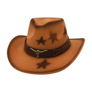 Brown Western cowboy hat with star spray pattern and bull head leather band decoration